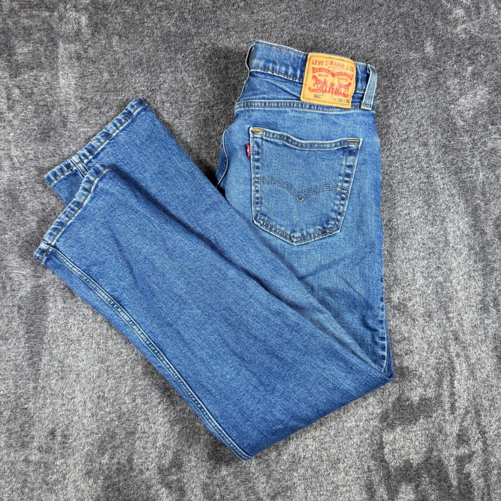 Levis 505 Regular Fit Jeans Mens 32x32 Blue Straight Leg Stretch Denim 005052601